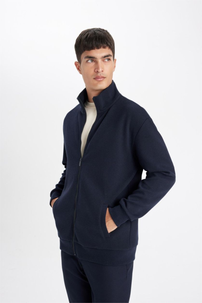 MAN NAVY Comfort Regular Fit Stand Collar Pocketed Basic Zippered Sweatshirt