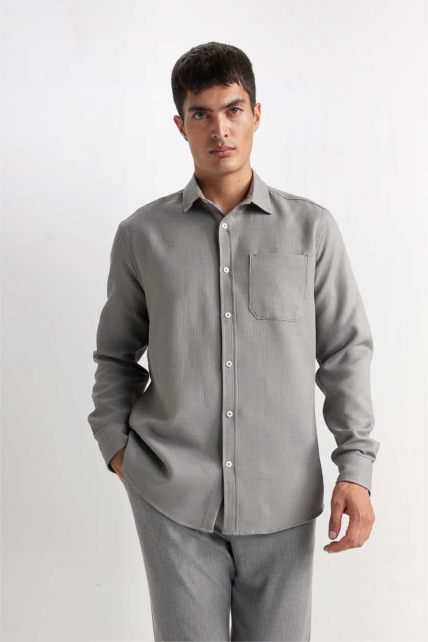 رجالي رمادي قميص بولو قطن كم طويل قصة عادية