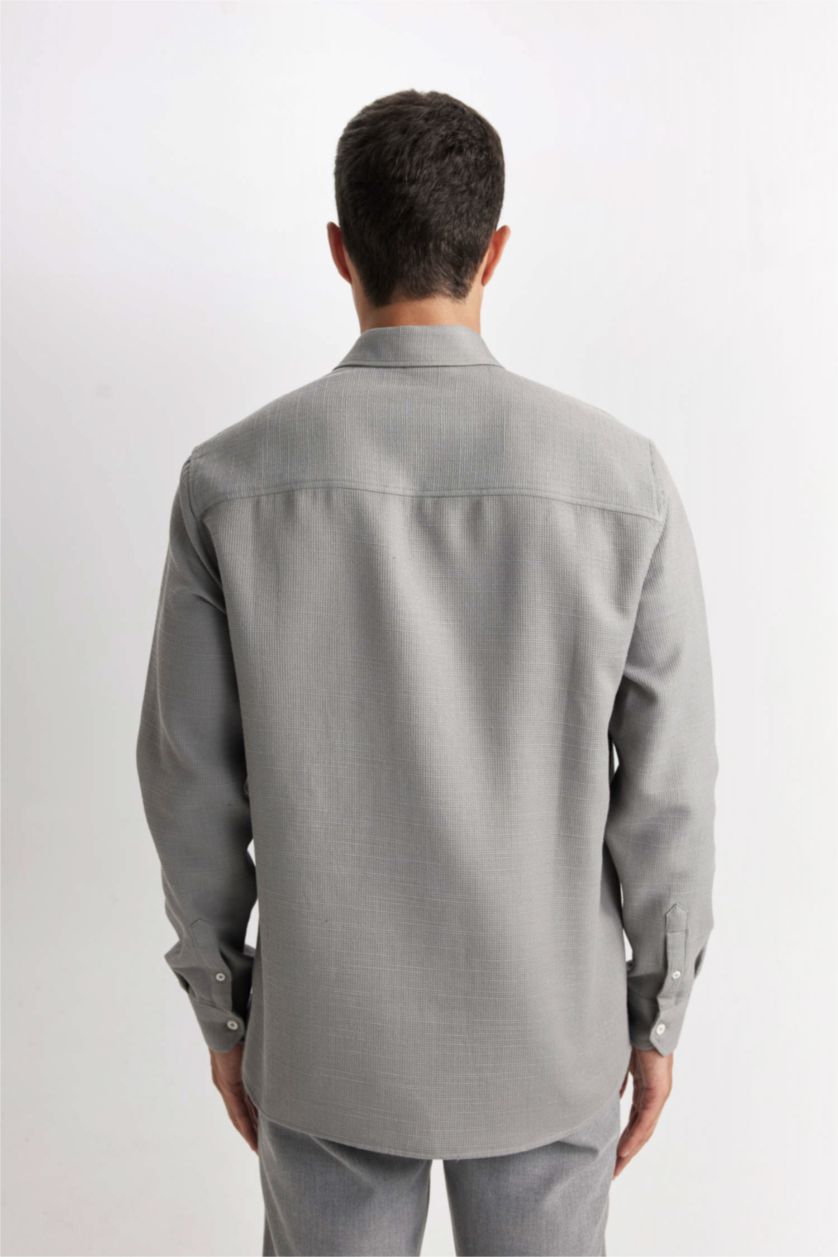 رجالي رمادي قميص بولو قطن كم طويل قصة عادية