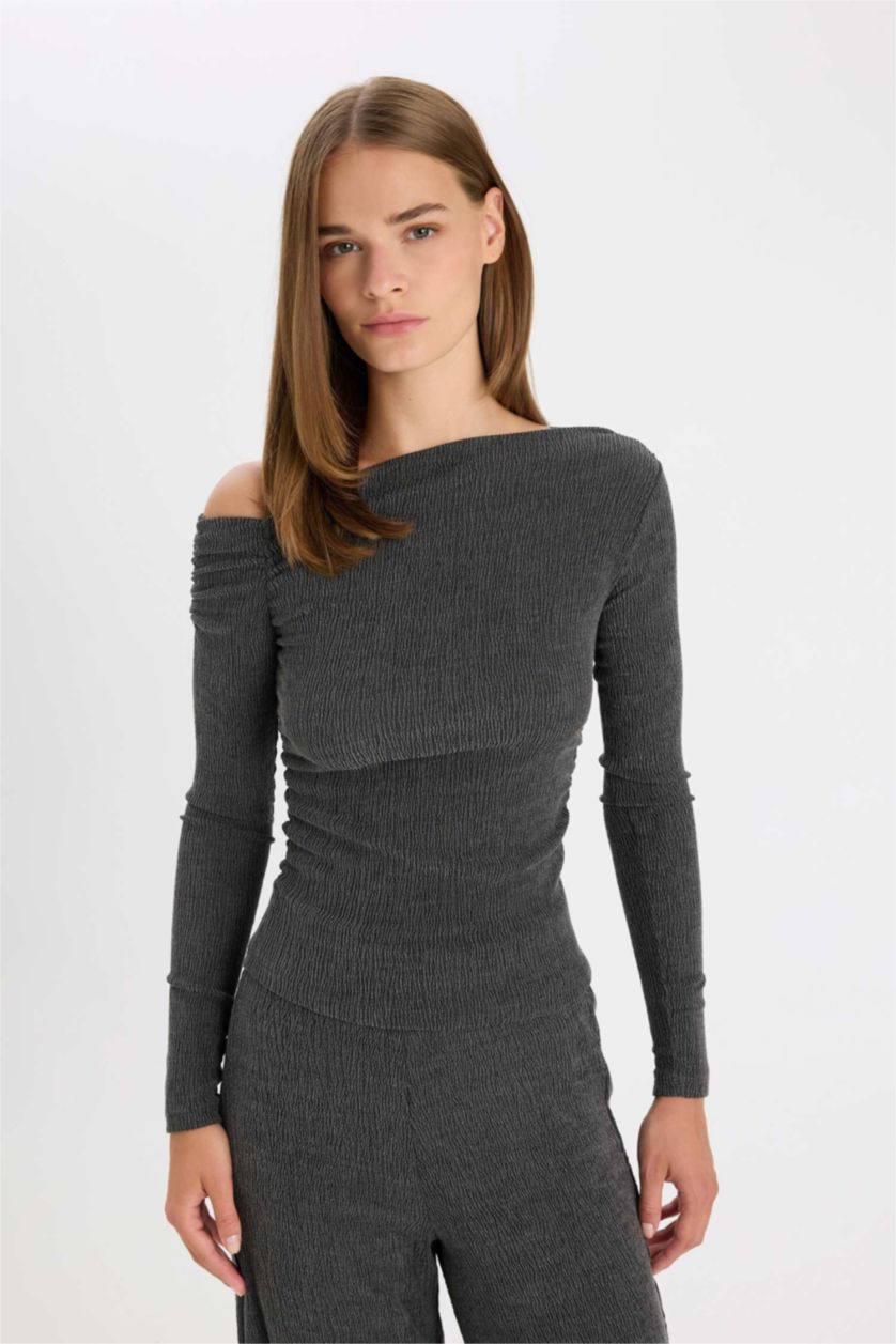 Kadın Antrasit Slim Fit Dar Kesim Tek Omuzlu Bürümcük Uzun Kollu Tişört