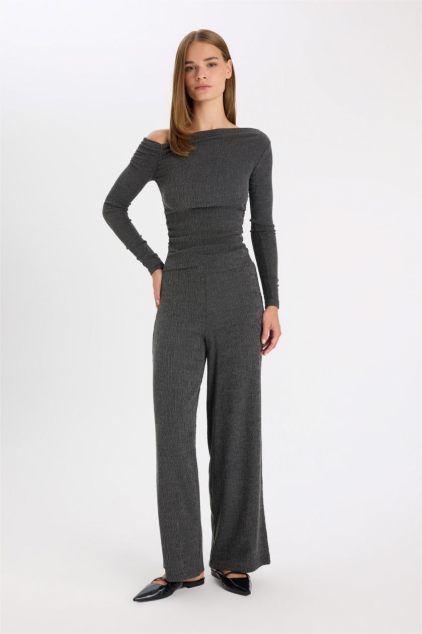 Kadın Antrasit Slim Fit Dar Kesim Tek Omuzlu Bürümcük Uzun Kollu Tişört