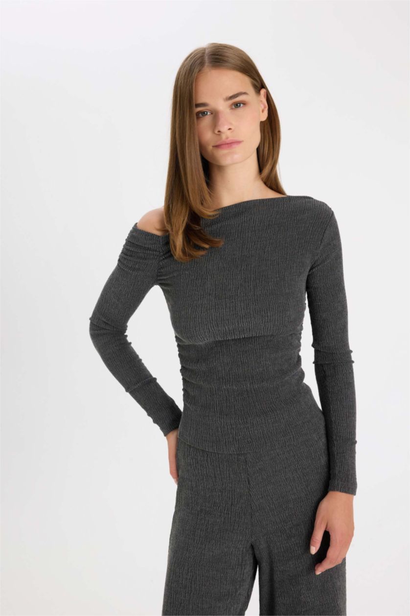 Kadın Antrasit Slim Fit Dar Kesim Tek Omuzlu Bürümcük Uzun Kollu Tişört