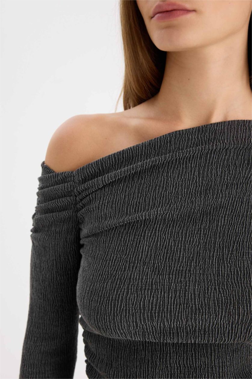 Kadın Antrasit Slim Fit Dar Kesim Tek Omuzlu Bürümcük Uzun Kollu Tişört