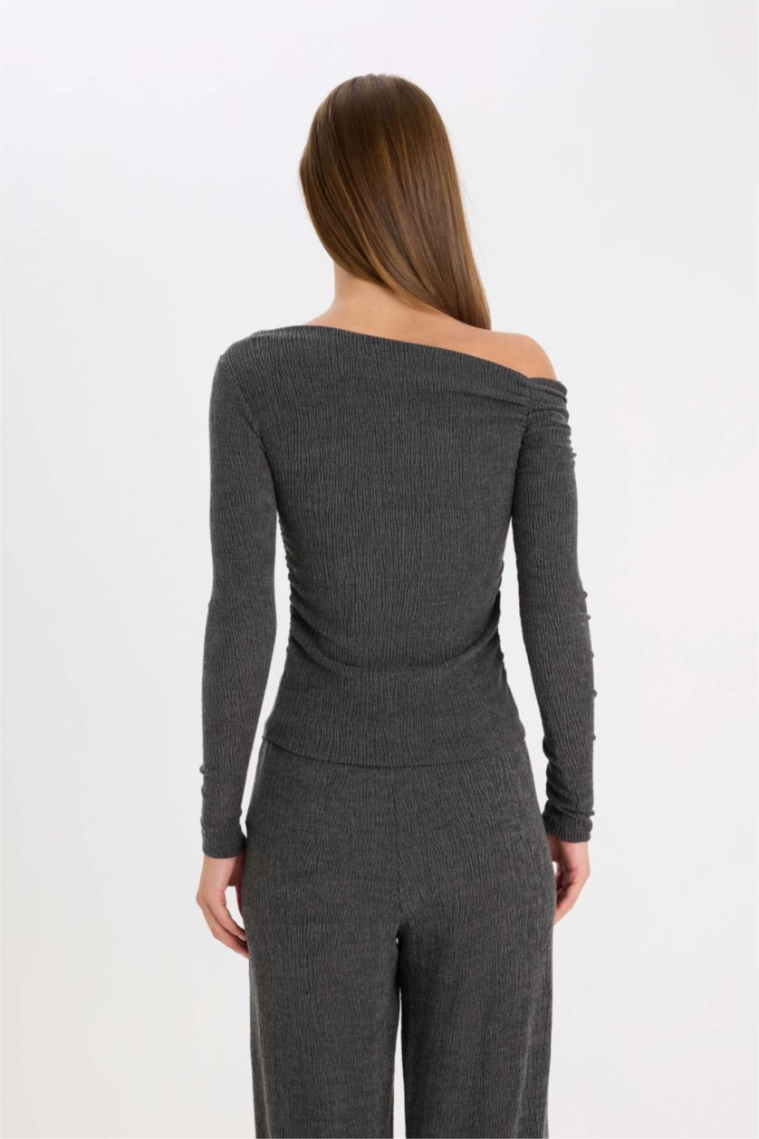 Kadın Antrasit Slim Fit Dar Kesim Tek Omuzlu Bürümcük Uzun Kollu Tişört