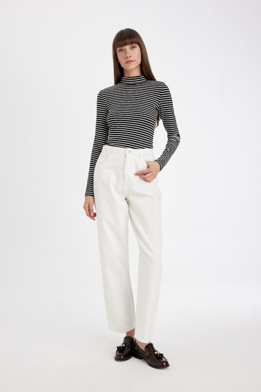 Kadın Siyah Slim Fit Dar Kesim Yarım Balıkçı Yaka Çizgili Uzun Kollu Tişört