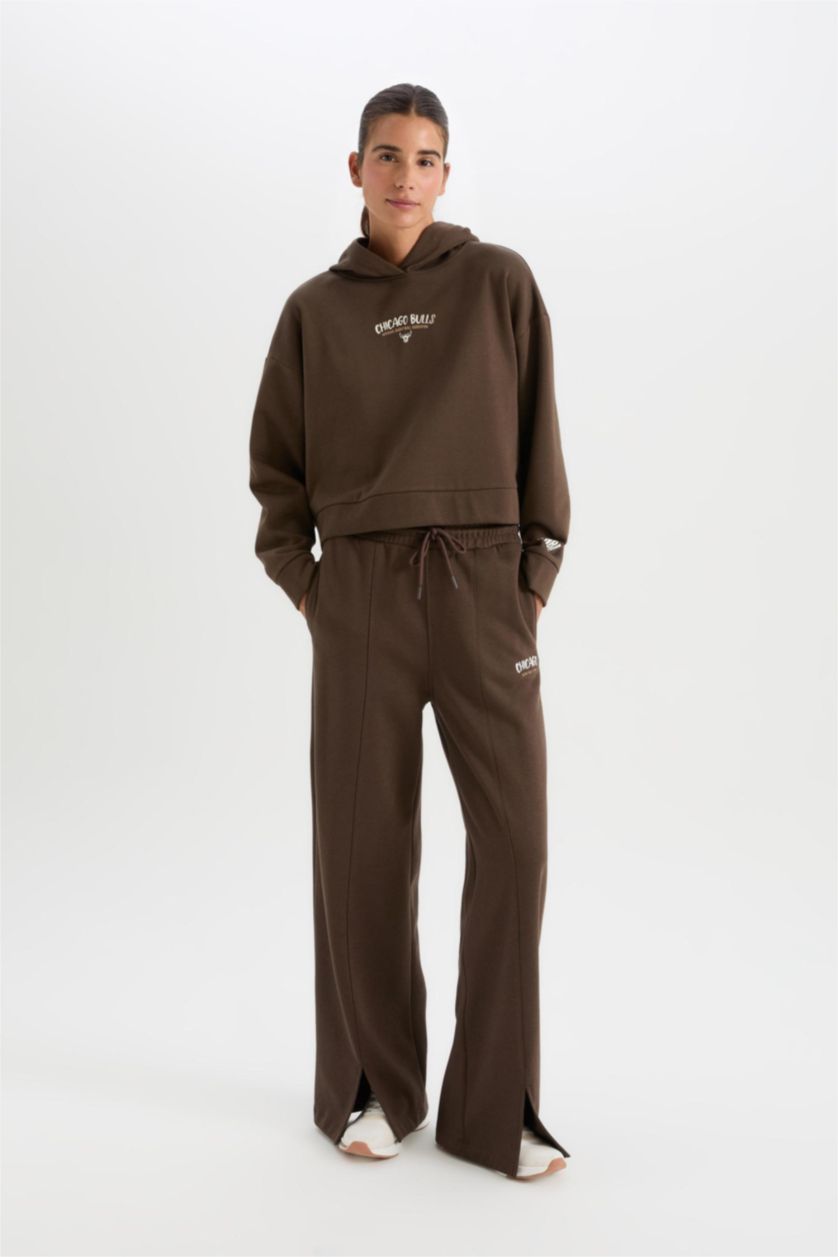 Kadın Kahve Kalın Sporcu Eşofman Altı Wide Leg Geniş Paça Cepli Standart Boy