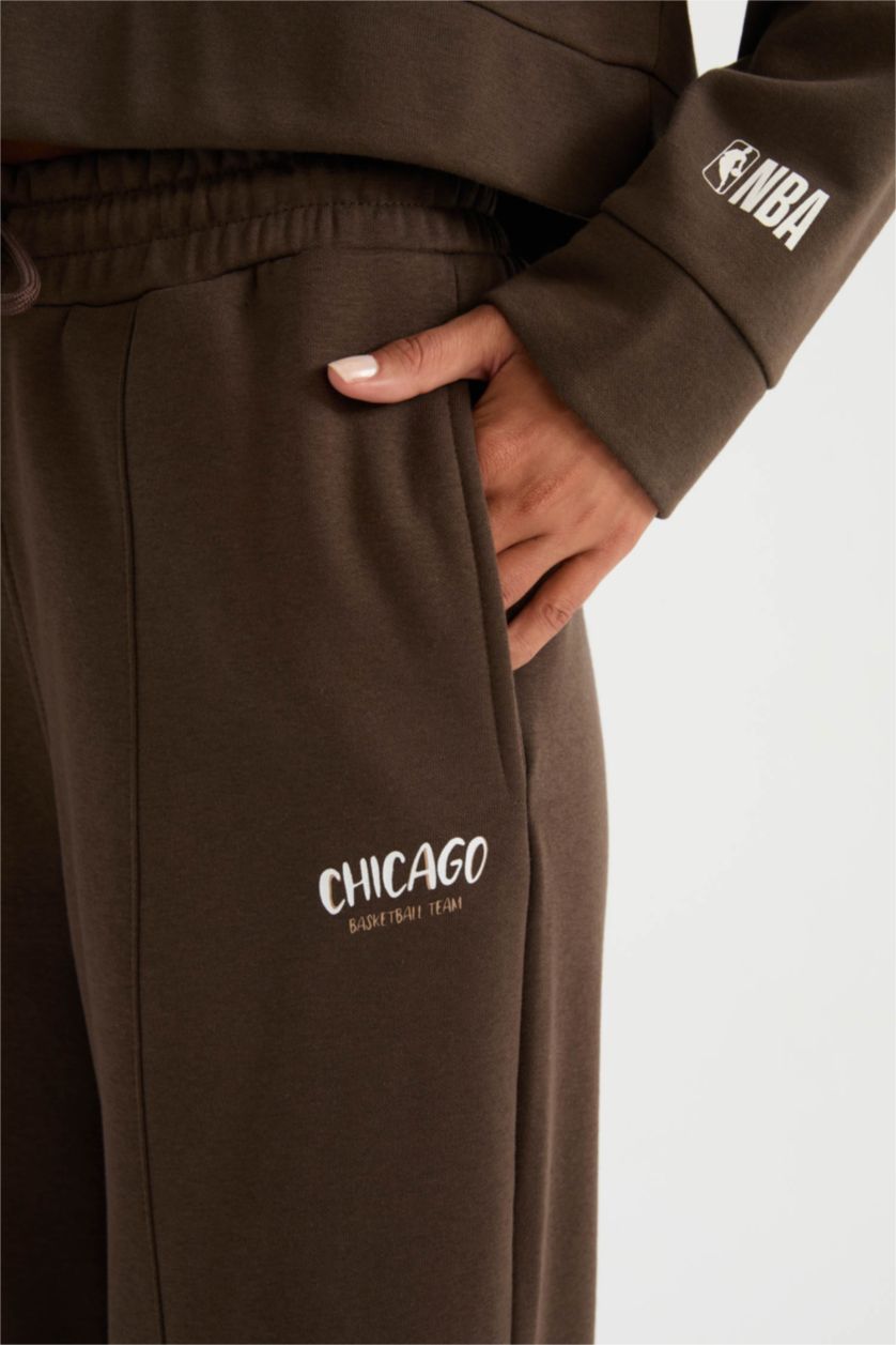 Kadın Kahve Kalın Sporcu Eşofman Altı Wide Leg Geniş Paça Cepli Standart Boy