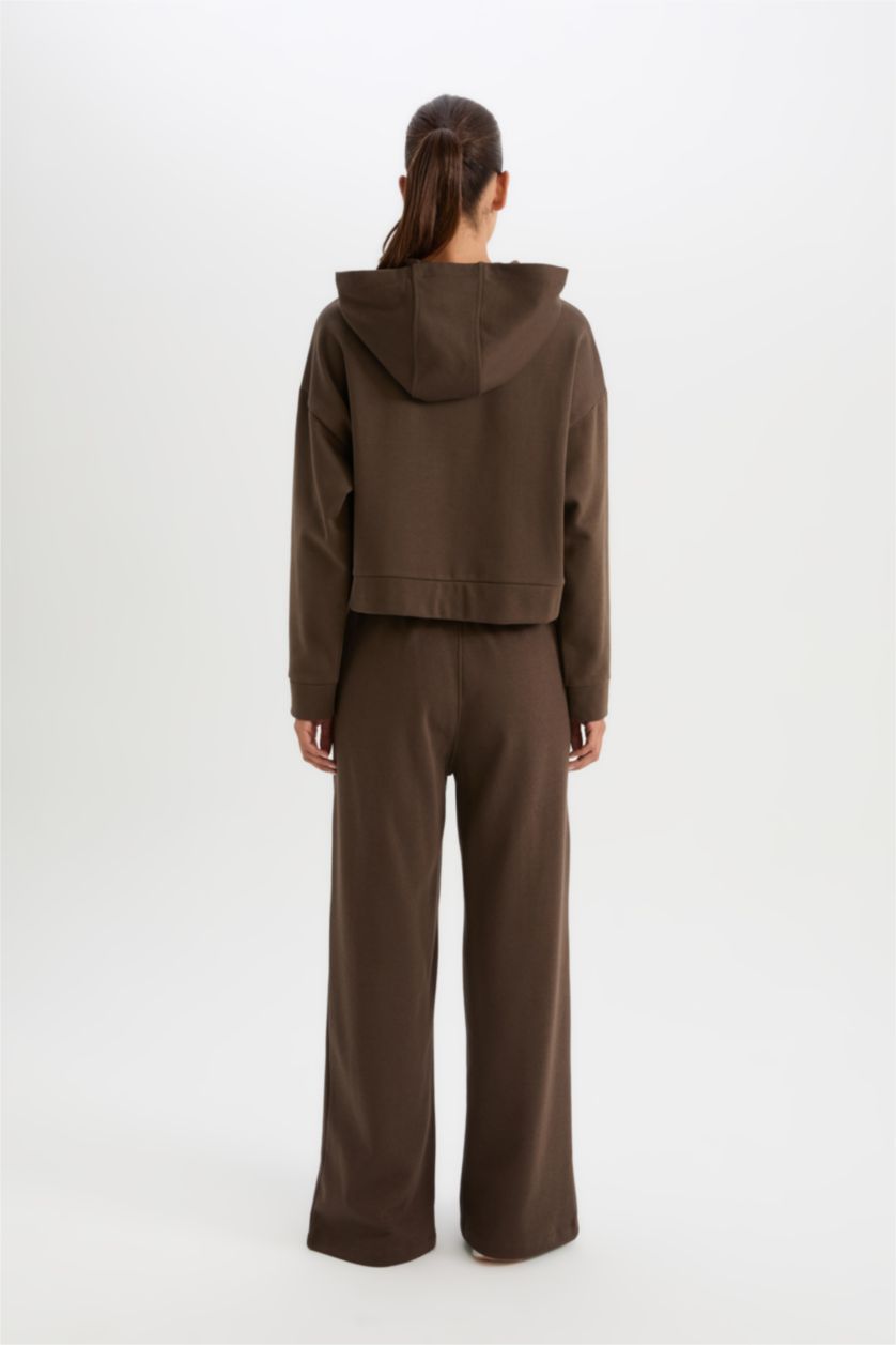 Kadın Kahve Kalın Sporcu Eşofman Altı Wide Leg Geniş Paça Cepli Standart Boy