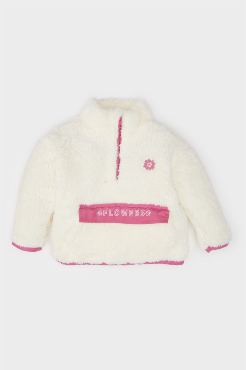 Kız Bebek Ekru Kız Bebek Dik Yaka Fermuarlı Welsoft Pelüş Sweatshirt