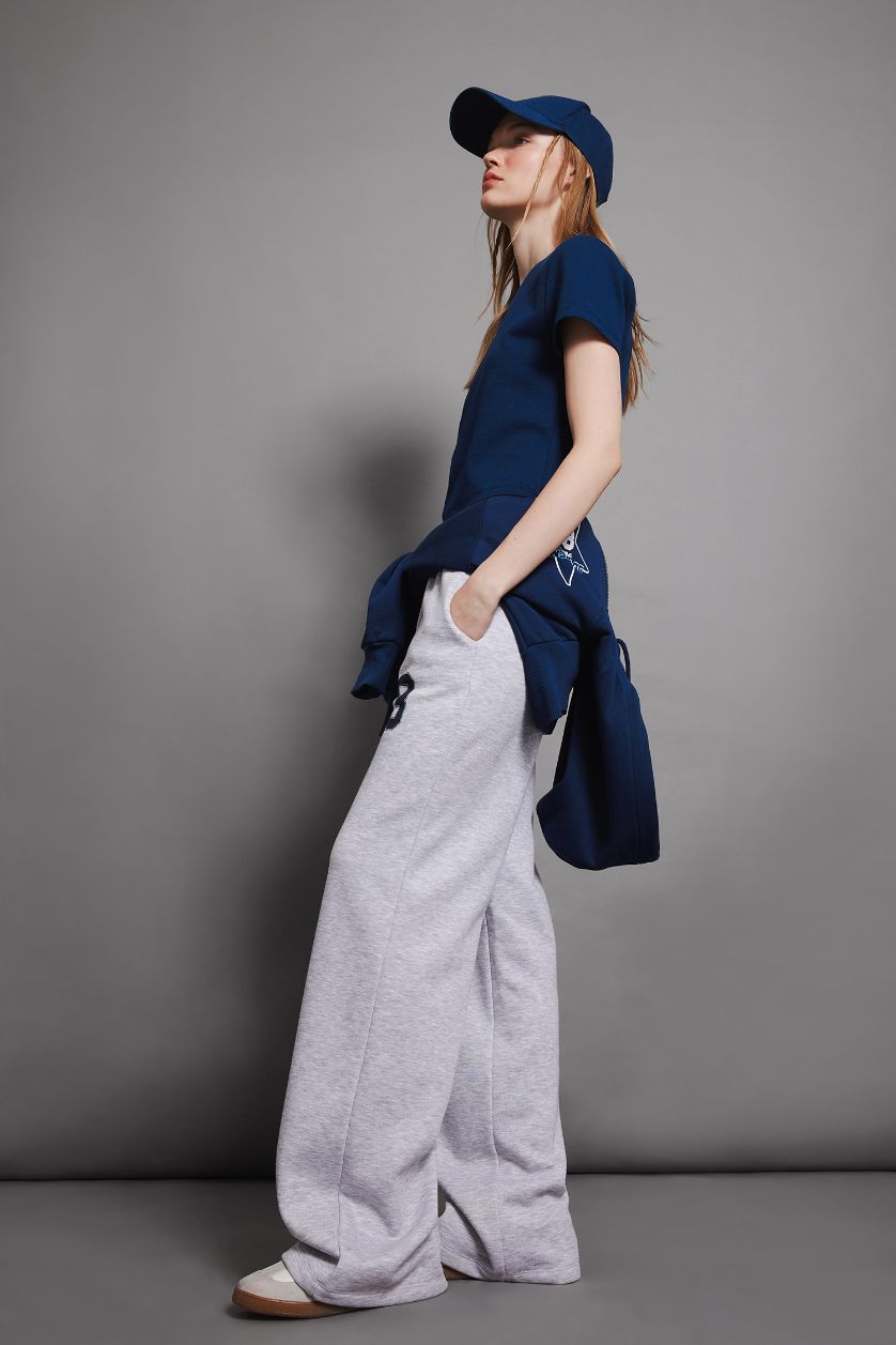 Kadın Gri Melanj Beli Bağcıklı Baskılı Kalın Wide Leg Geniş Bol Paça Eşofman Altı