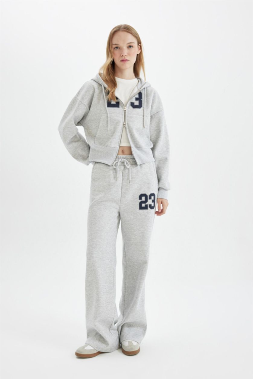 Kadın Gri Melanj Beli Bağcıklı Baskılı Kalın Wide Leg Geniş Bol Paça Eşofman Altı