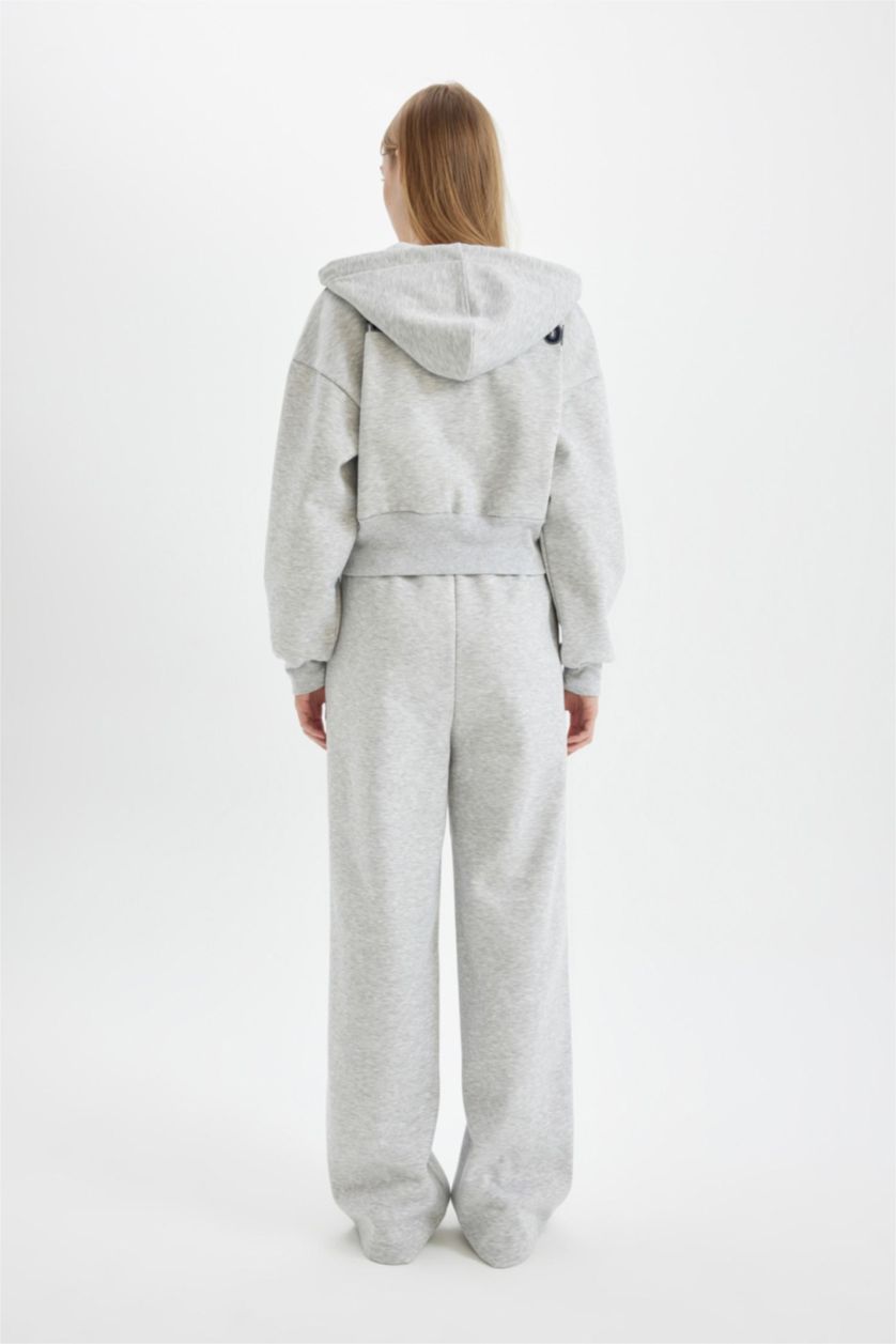 Kadın Gri Melanj Beli Bağcıklı Baskılı Kalın Wide Leg Geniş Bol Paça Eşofman Altı