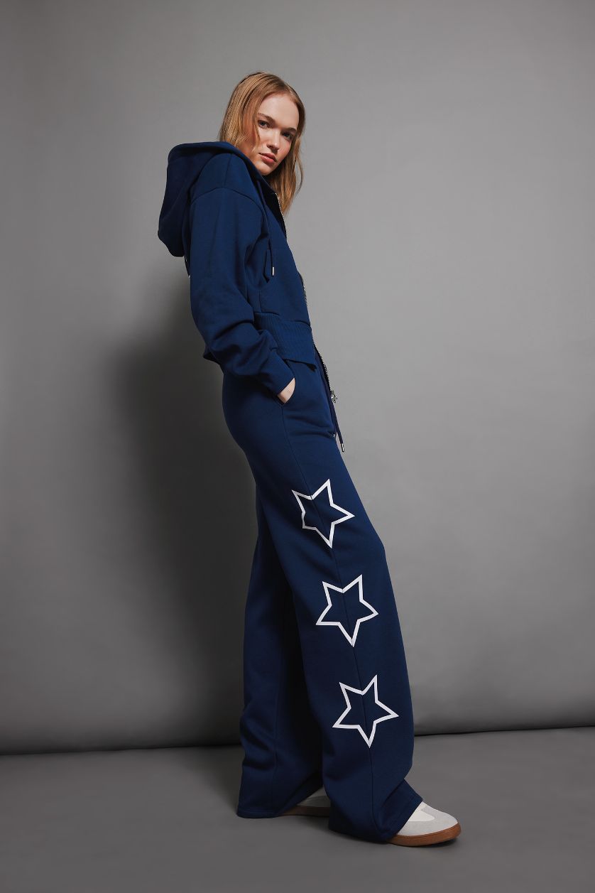 Kadın Lacivert Kalın Eşofman Altı Wide Leg Geniş Bol Paça Beli Lastikli Baskılı Cepli