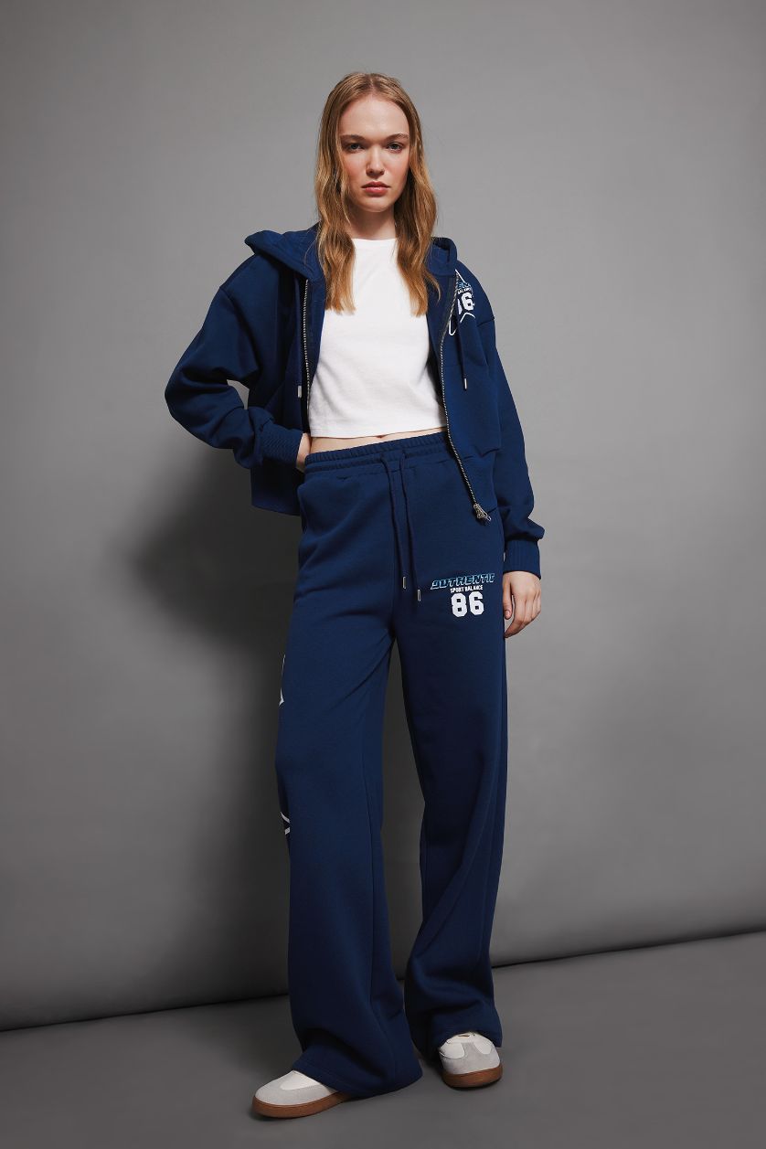 Kadın Lacivert Kalın Eşofman Altı Wide Leg Geniş Bol Paça Beli Lastikli Baskılı Cepli