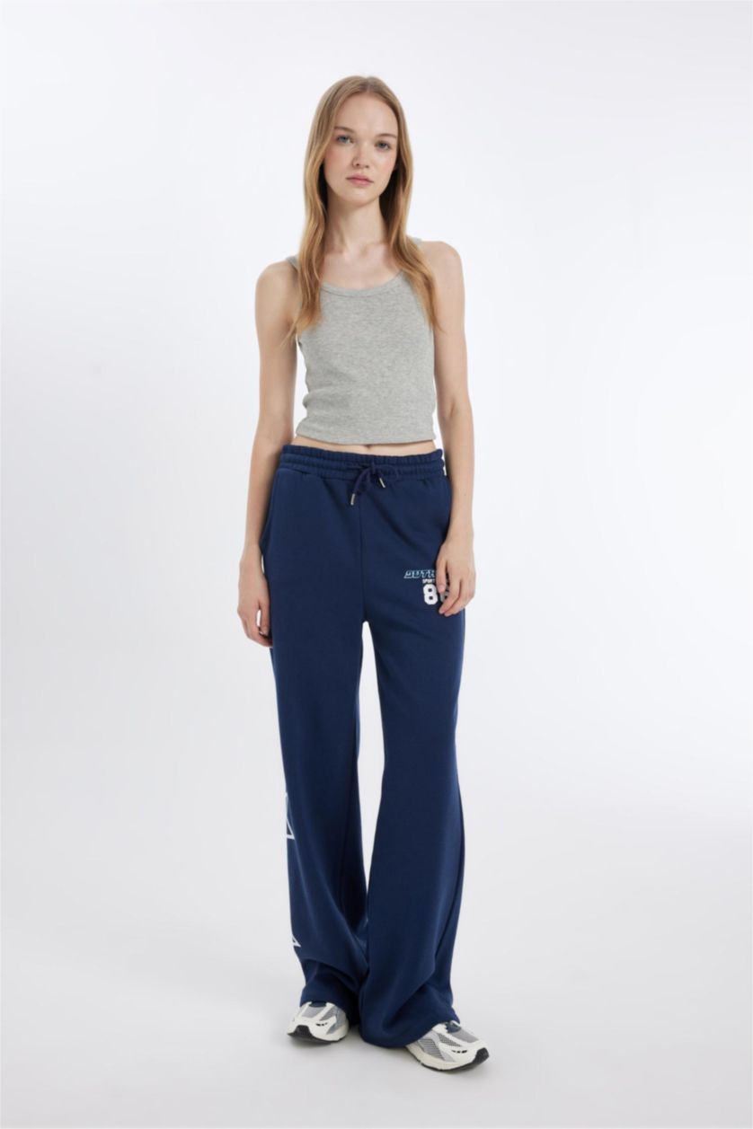 Kadın Lacivert Kalın Eşofman Altı Wide Leg Geniş Bol Paça Beli Lastikli Baskılı Cepli