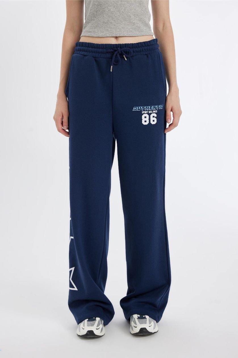 Kadın Lacivert Kalın Eşofman Altı Wide Leg Geniş Bol Paça Beli Lastikli Baskılı Cepli