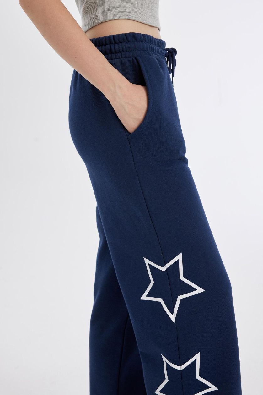 Kadın Lacivert Kalın Eşofman Altı Wide Leg Geniş Bol Paça Beli Lastikli Baskılı Cepli