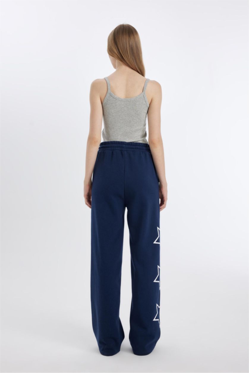 Kadın Lacivert Kalın Eşofman Altı Wide Leg Geniş Bol Paça Beli Lastikli Baskılı Cepli