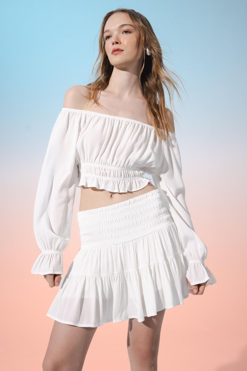 WOMAN White High Waist Cotton Lined Viscose Mini Skirt