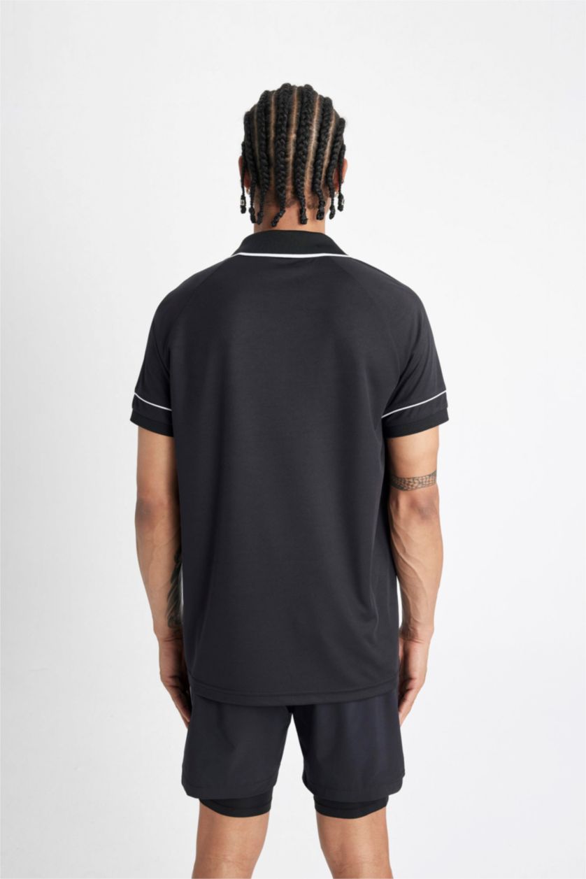 Man Black Slim Fit Polo Collar Pique Polo T-Shirt