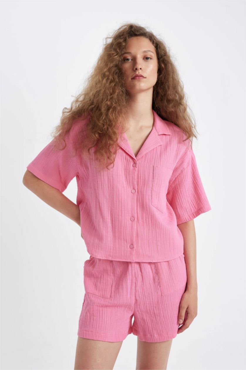 Kadın Pembe Regular Fit Müslin Kısa Kollu Gömlek
