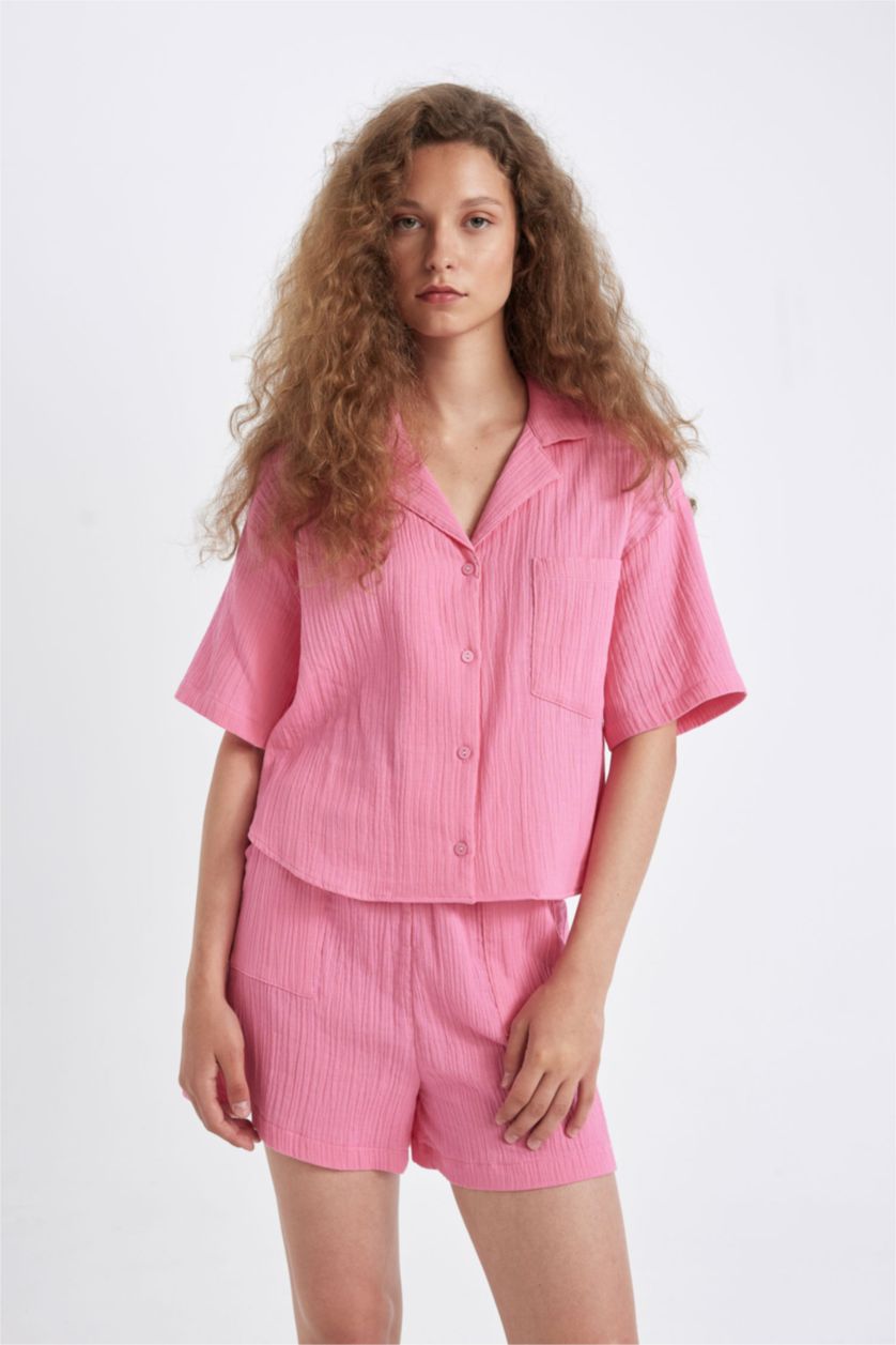 Kadın Pembe Regular Fit Müslin Kısa Kollu Gömlek