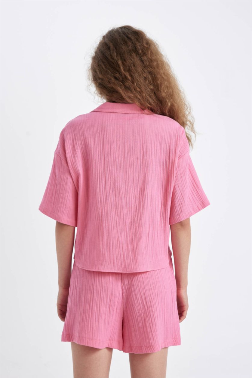 Kadın Pembe Regular Fit Müslin Kısa Kollu Gömlek