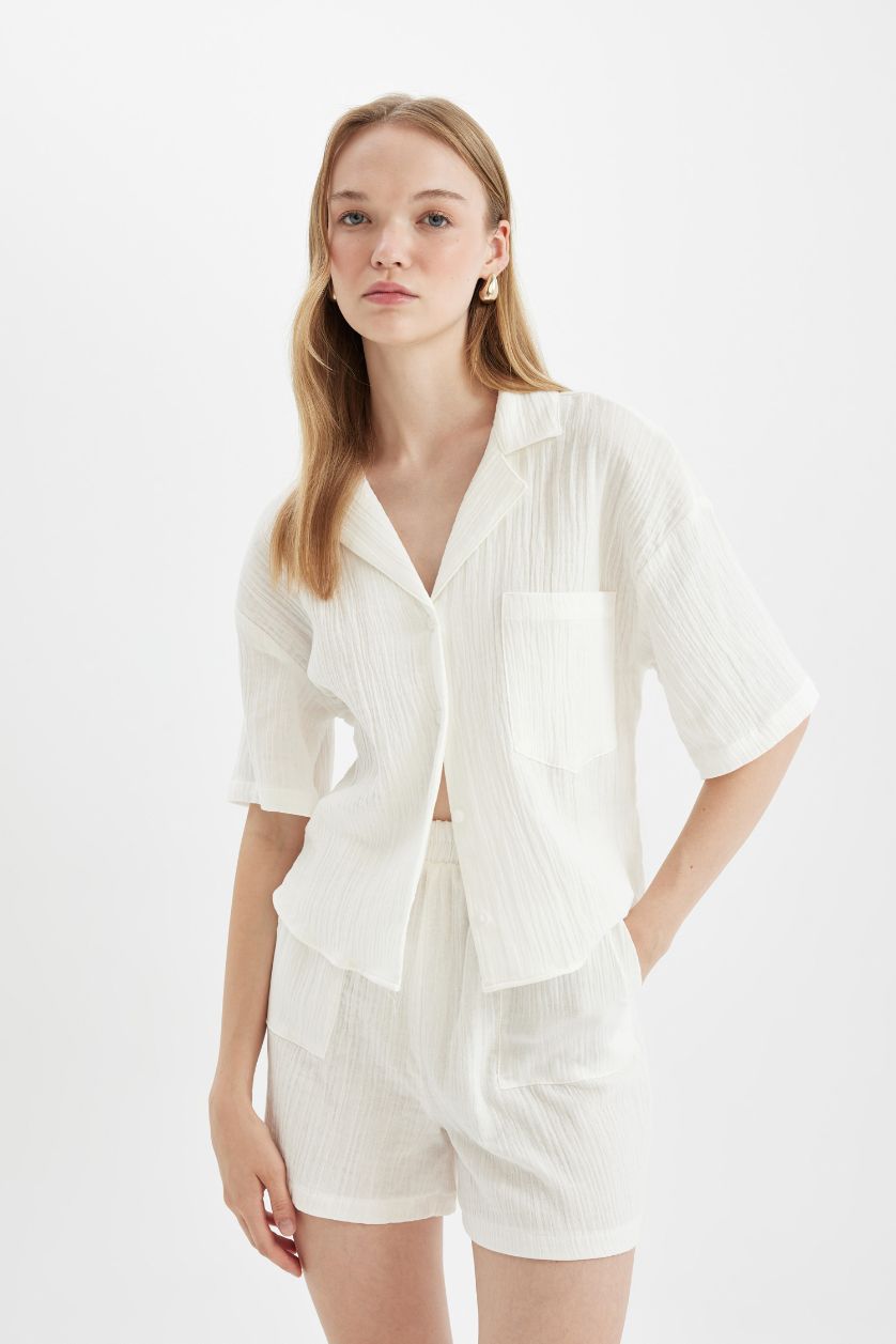 WOMAN White Regular Fit Polo Neck Muslin Short Sleeve Shirt