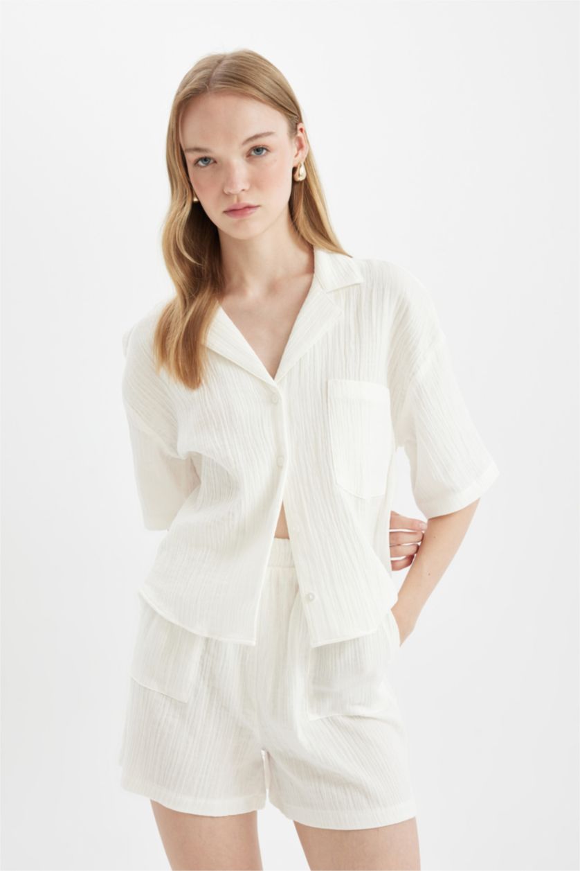 WOMAN White Regular Fit Polo Neck Muslin Short Sleeve Shirt