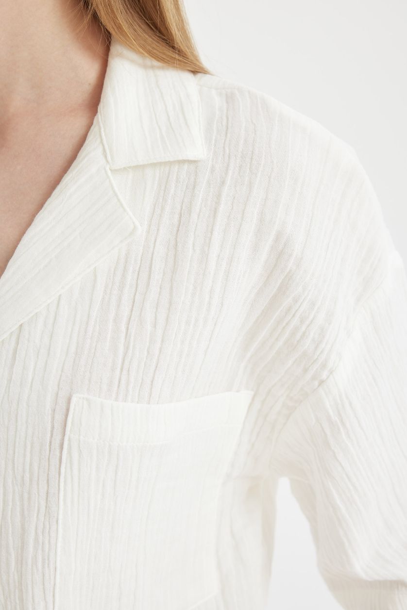 WOMAN White Regular Fit Polo Neck Muslin Short Sleeve Shirt