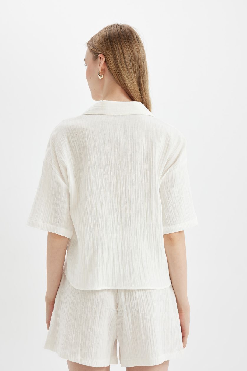 WOMAN White Regular Fit Polo Neck Muslin Short Sleeve Shirt