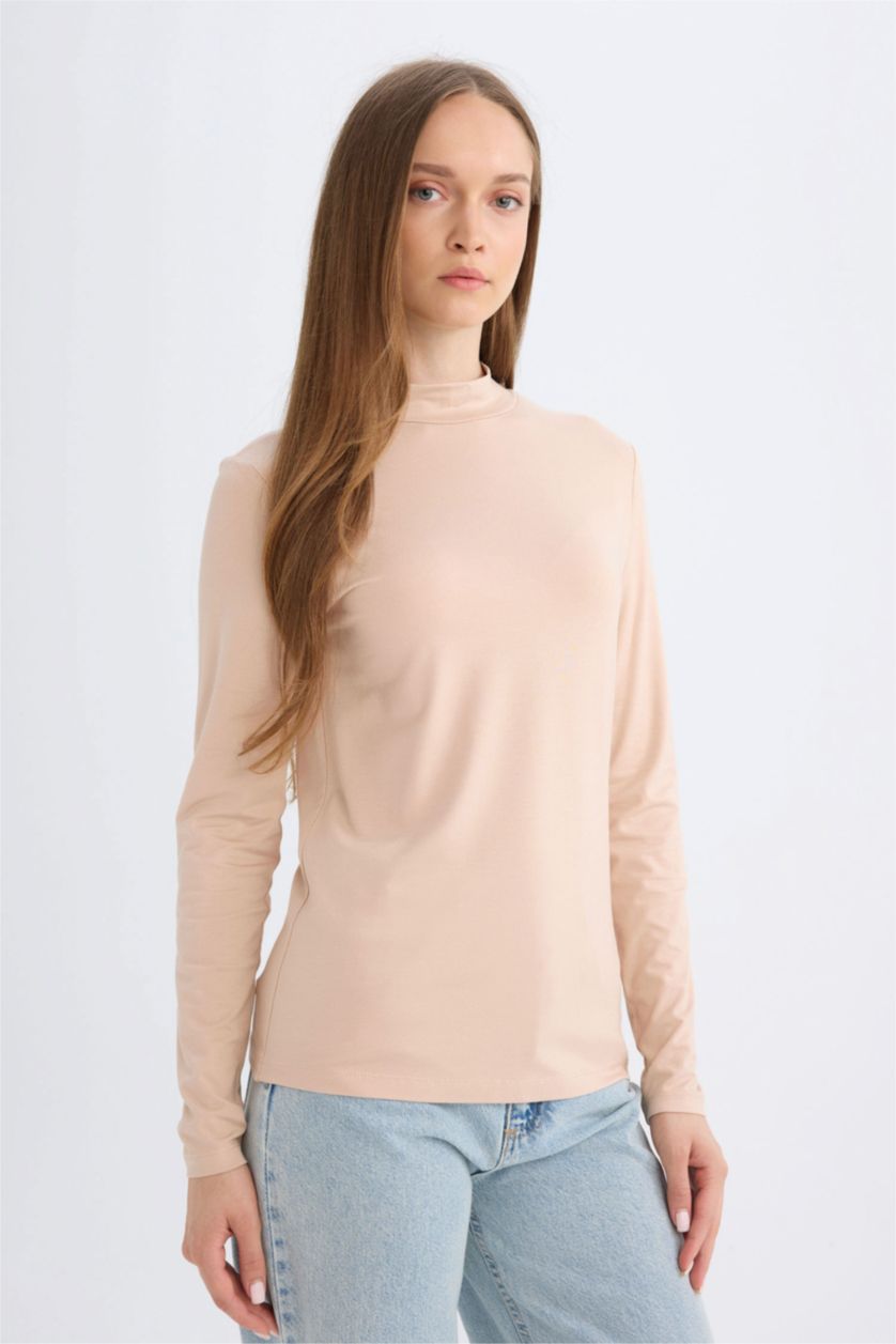 نساء بيج تونيك تيشيرت سامبل كم طويل ورقبة عالية