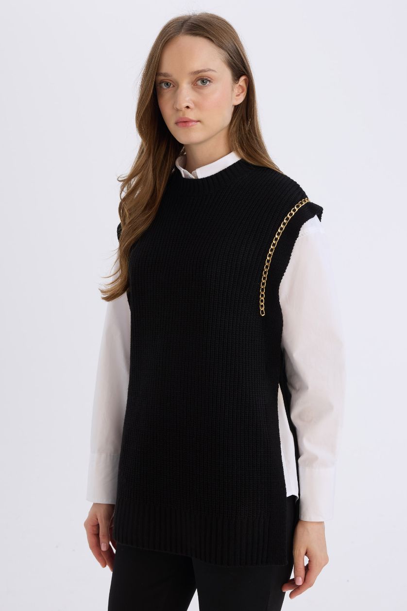 نساء أسود يلك صوف سادة بياخة مستديرة بفتحة من الجانب