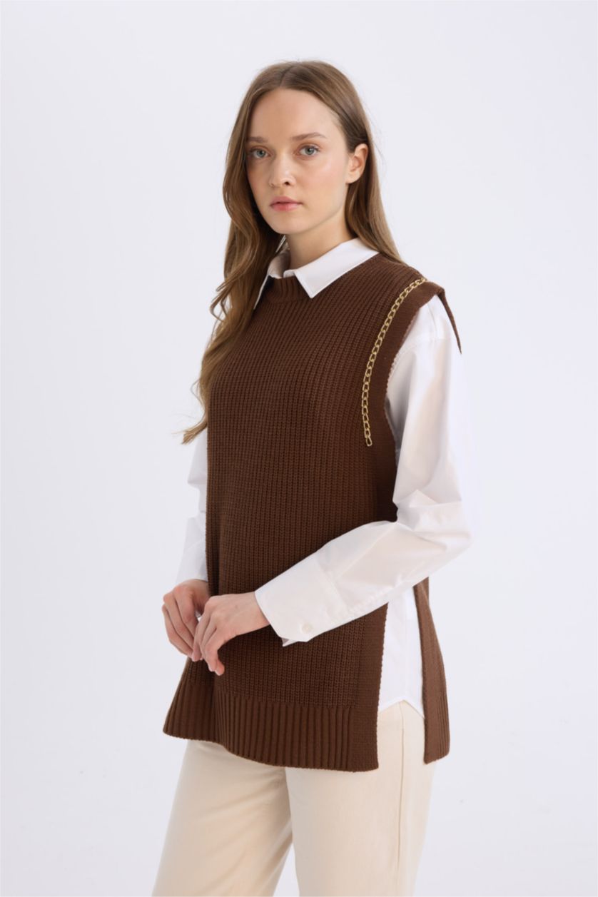 FEMME Marron Pull gilet basique en tricot à col montant avec fentes latérales Coupe droite