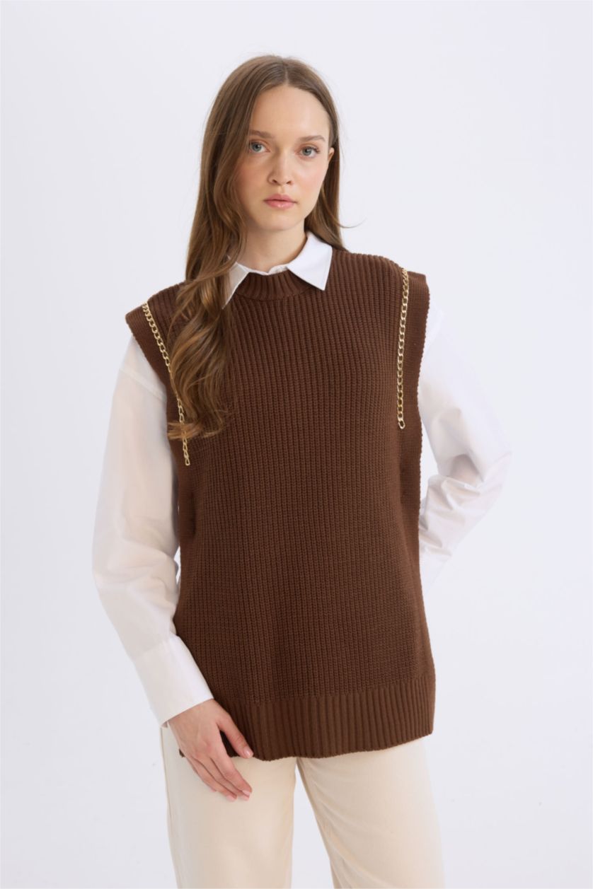 FEMME Marron Pull gilet basique en tricot à col montant avec fentes latérales Coupe droite