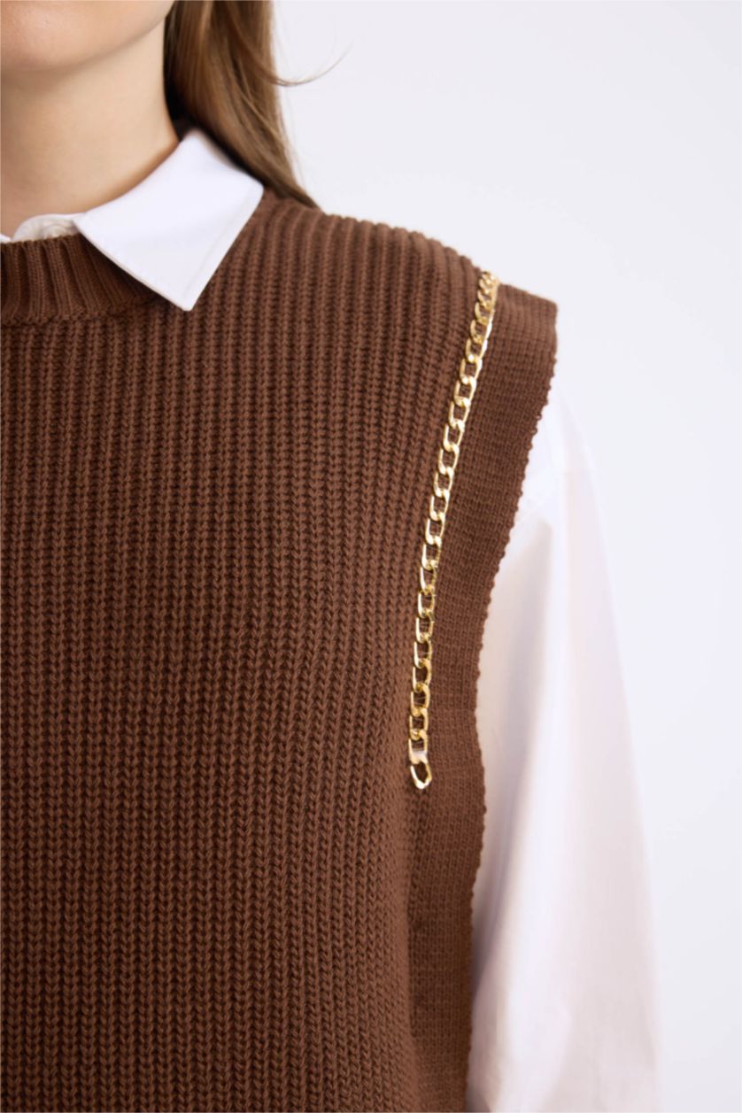 FEMME Marron Pull gilet basique en tricot à col montant avec fentes latérales Coupe droite