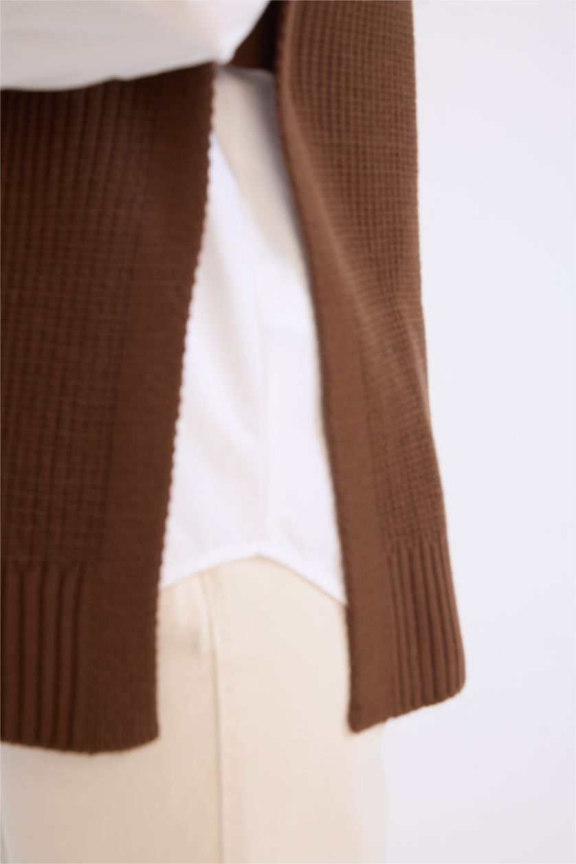 FEMME Marron Pull gilet basique en tricot à col montant avec fentes latérales Coupe droite