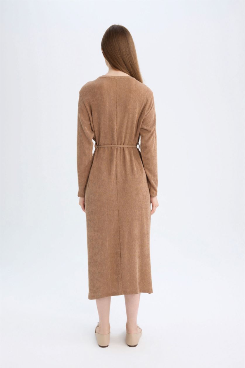 نساء بني فستان ميدي ردن طويل منسوج قصة عادية