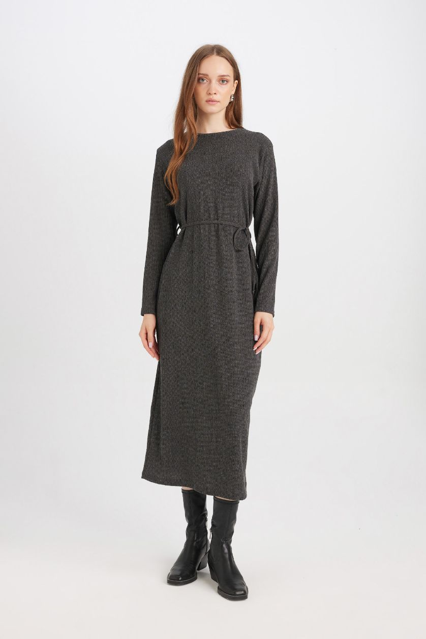 Woman Grey Regular Fit Crepe Long Sleeve Midi Dress