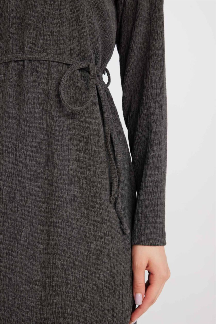 Woman Grey Regular Fit Crepe Long Sleeve Midi Dress