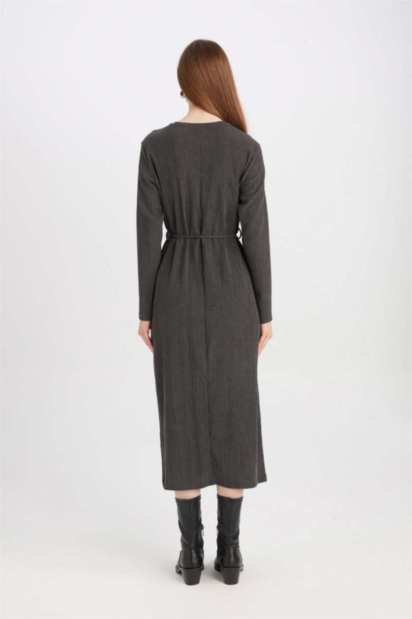Woman Grey Regular Fit Crepe Long Sleeve Midi Dress