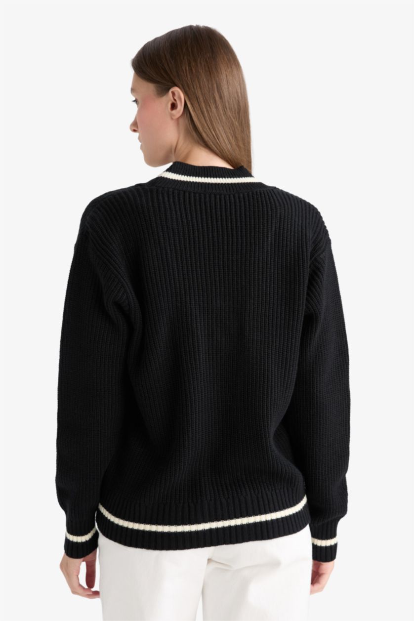 WOMAN Black Regular Fit V-Neck Cardigan