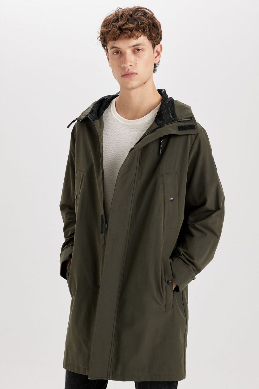 Man Dark Khaki Waterproof Regular Fit Hooded Zippered Pocket Long Thin Raincoat