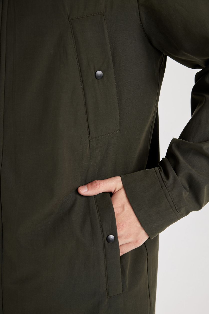 Man Dark Khaki Waterproof Regular Fit Hooded Zippered Pocket Long Thin Raincoat