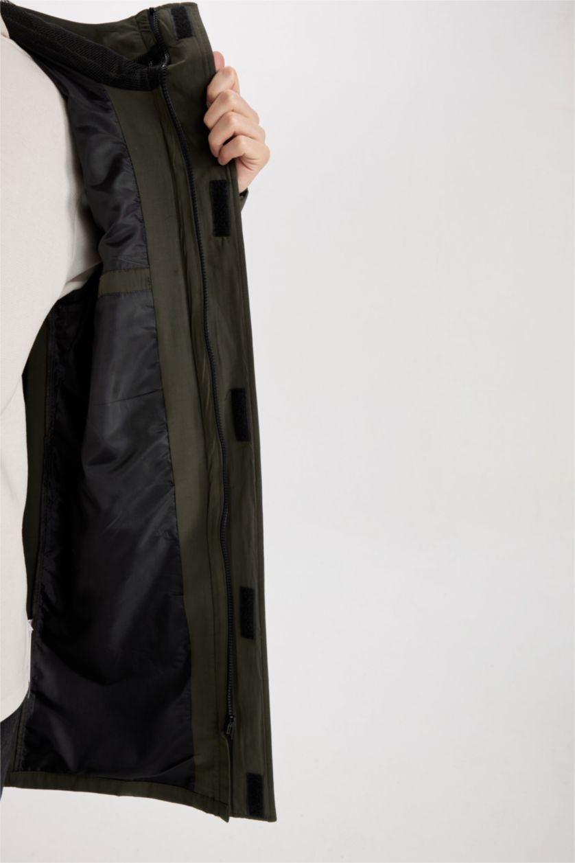 Man Dark Khaki Waterproof Regular Fit Hooded Zippered Pocket Long Thin Raincoat