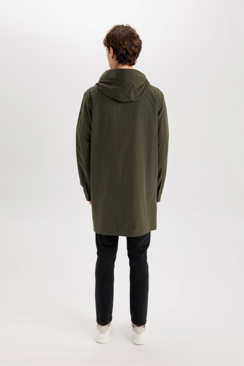 Man Dark Khaki Waterproof Regular Fit Hooded Zippered Pocket Long Thin Raincoat