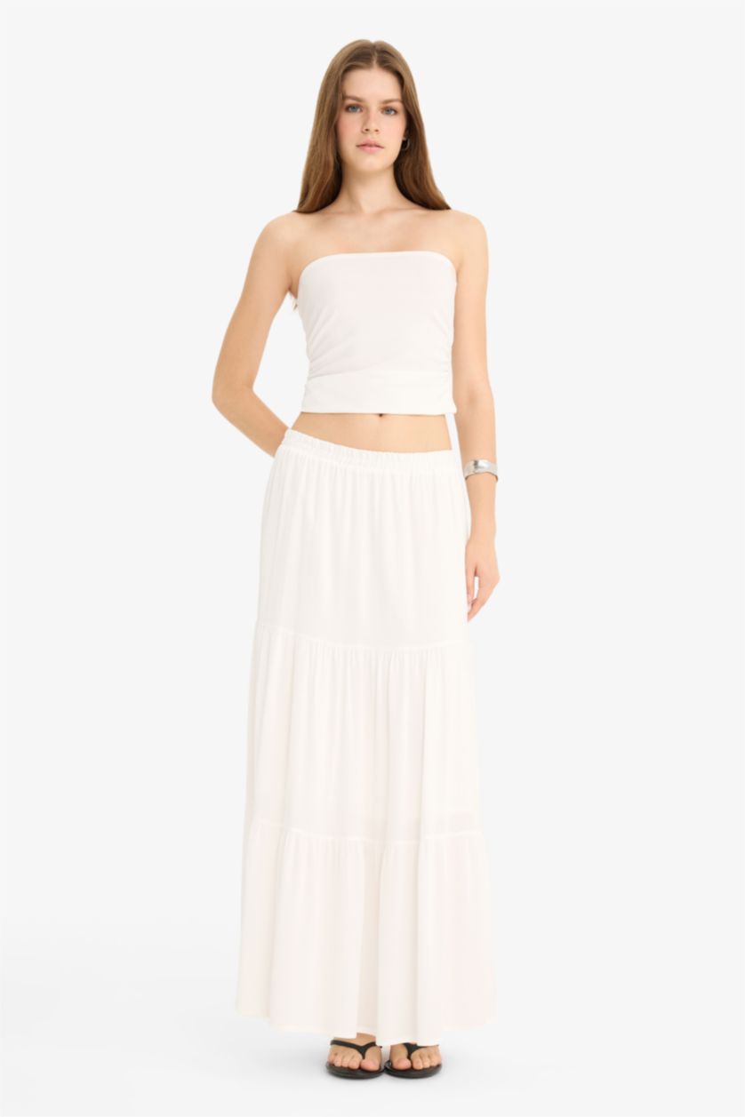 Woman White A Line High Waist Cotton Lined Viscose Maxi Skirt