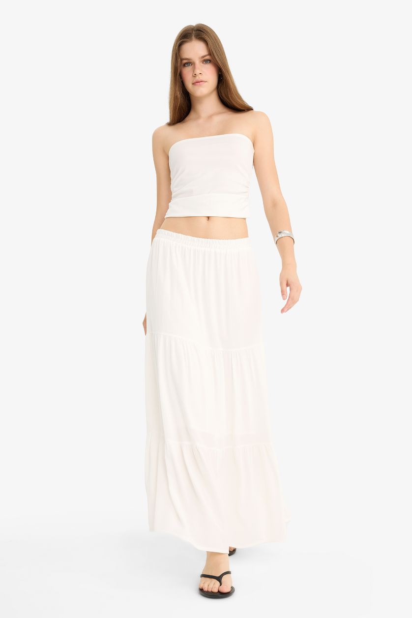 Woman White A Line High Waist Cotton Lined Viscose Maxi Skirt