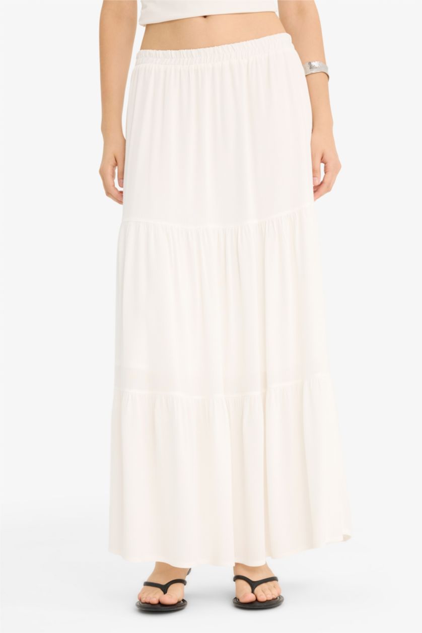 Woman White A Line High Waist Cotton Lined Viscose Maxi Skirt
