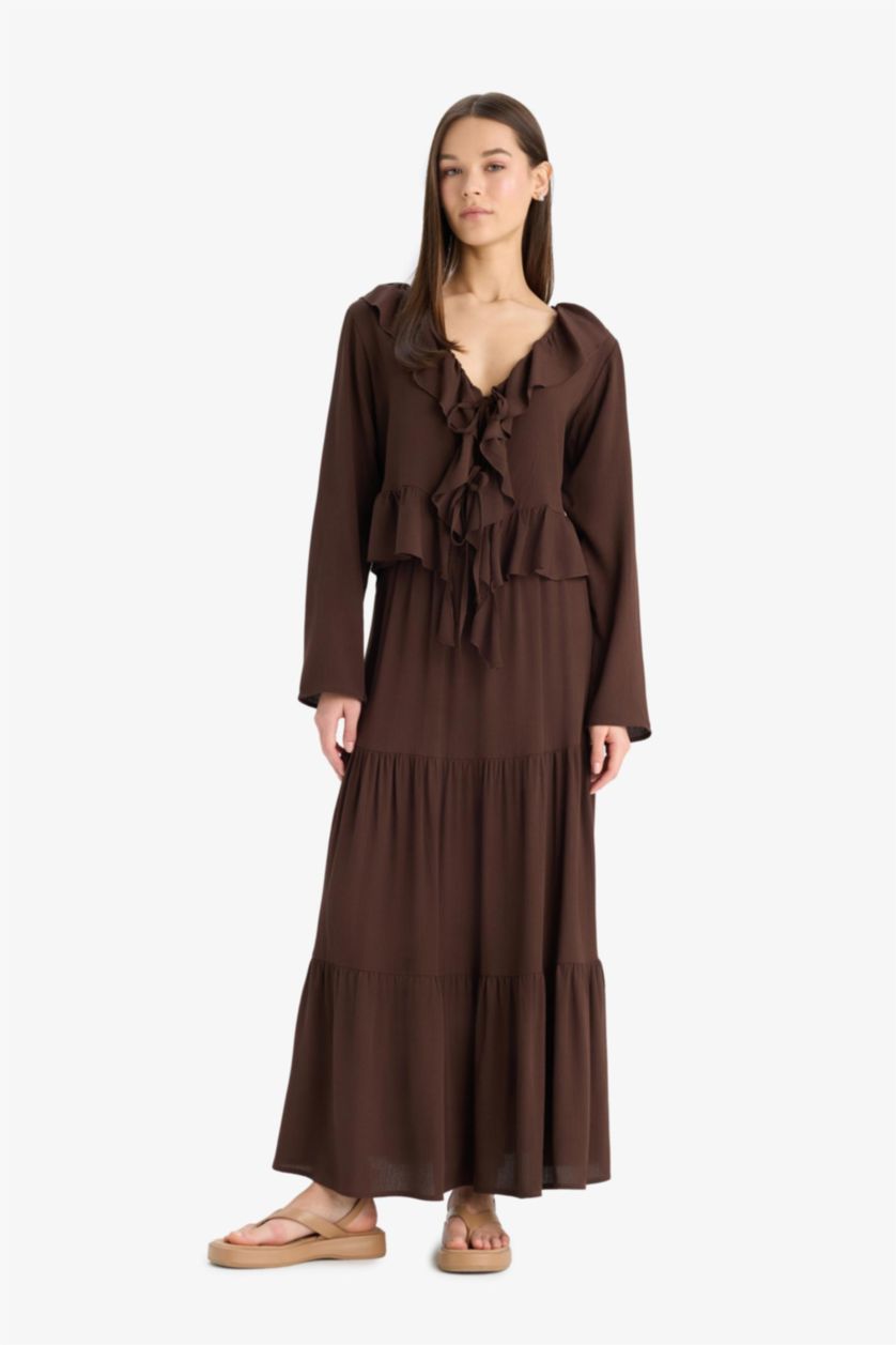 FEMME Marron Jupe longue évasée à taille haute avec doublure en coton